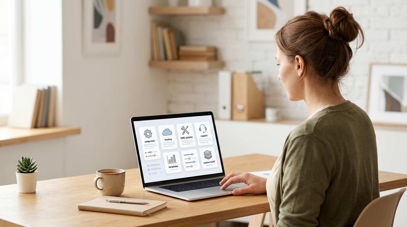 Small-business owner reviewing website pricing options, setup costs, hosting, and monthly maintenance on a laptop.
