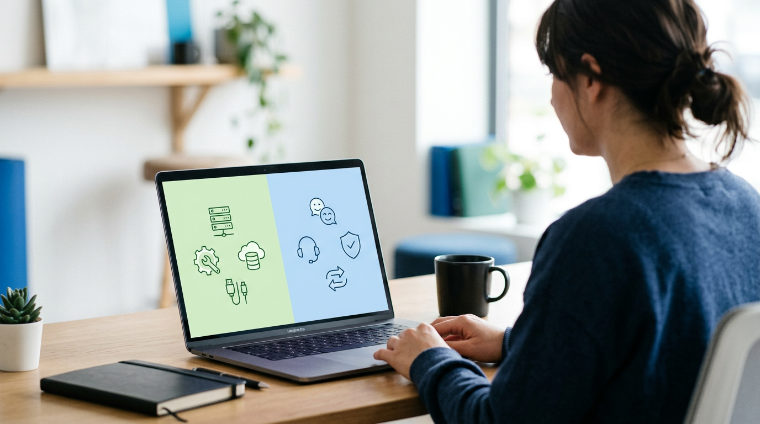 Small-business owner comparing managed website service and self-managed hosting tasks on a laptop.