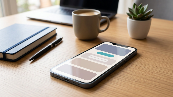 Smartphone showing a smooth abstract mobile website layout on a tidy small-business desk.