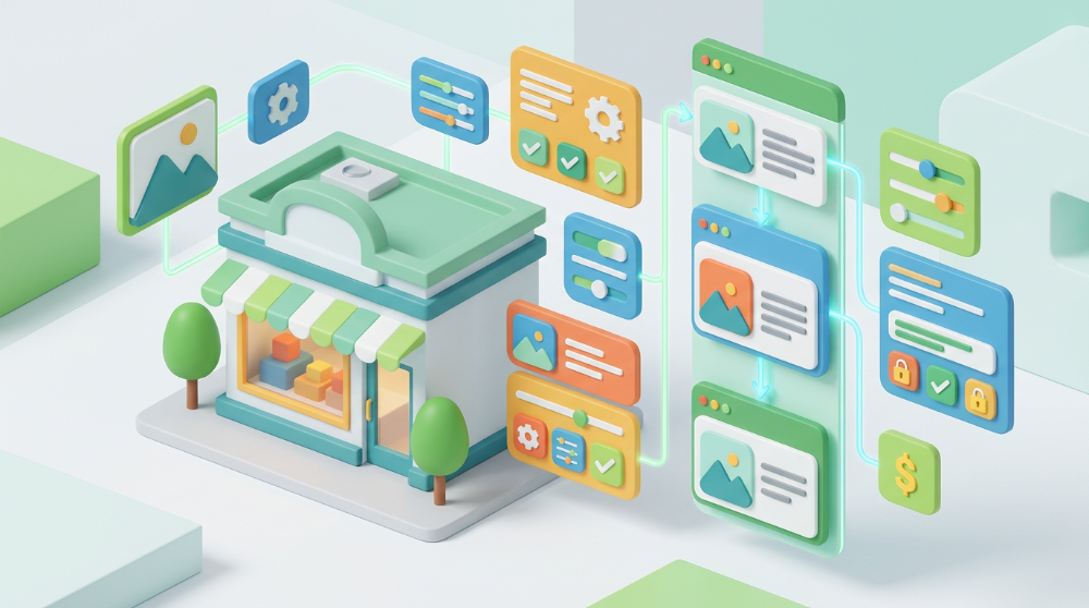 Isometric small-business storefront with floating content blocks representing CMS website updates.