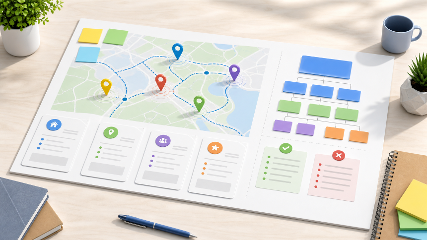 Small-business website planning board with location pins and service-area page cards.