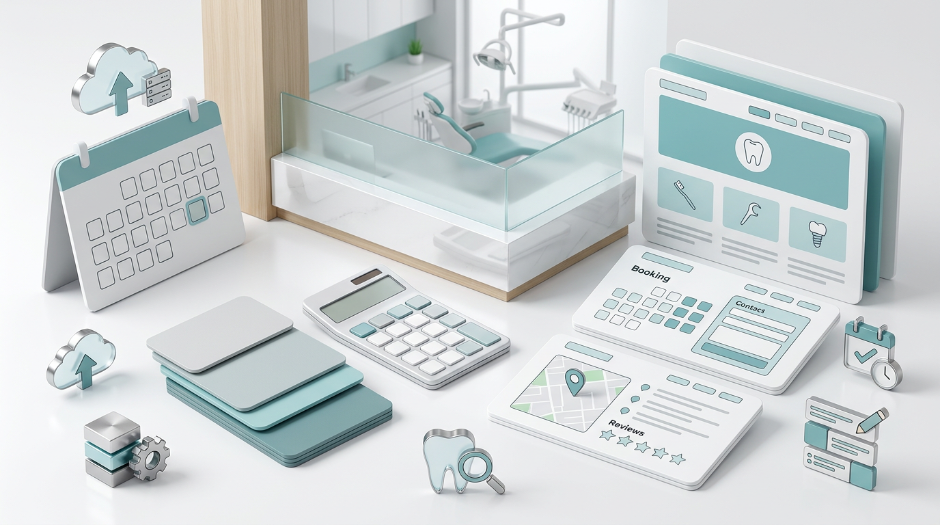 Dental practice website budget worksheet with setup, hosting, CMS, booking, local SEO, and treatment page planning cards.