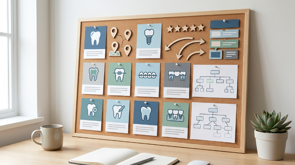 Dental website content planning board with treatment page cards, local SEO markers, trust signals, and booking flow.
