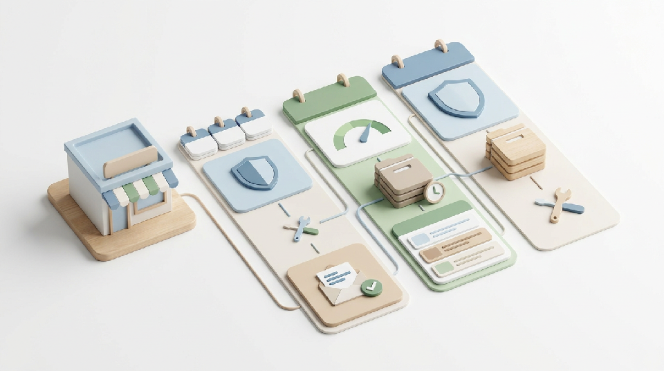 Isometric small-business website maintenance board with calendar cards, security shields, backups, forms, and content update blocks.