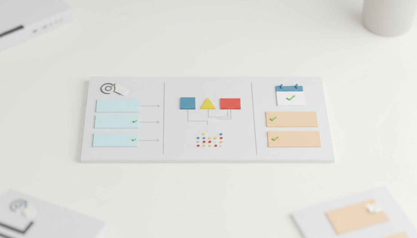 Website migration planning board with domain, redirect, email, form, and launch checklist cards for a small business.
