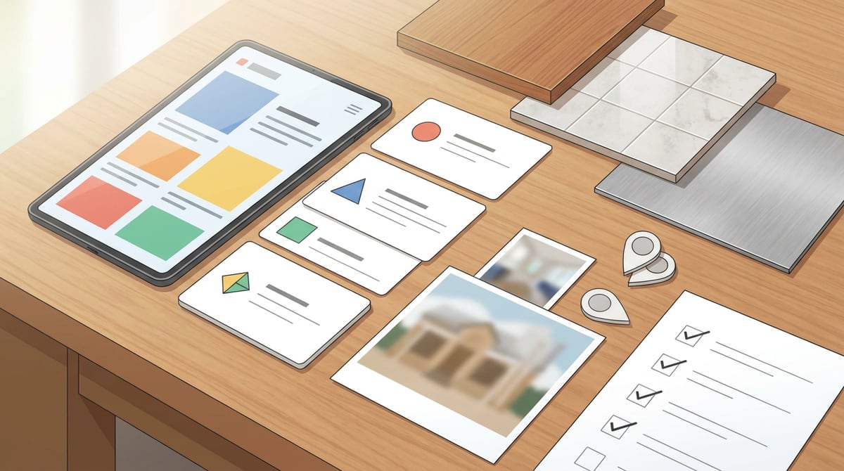 Contractor website checklist planning board with service pages, project gallery, local SEO, quote form, and CMS notes.