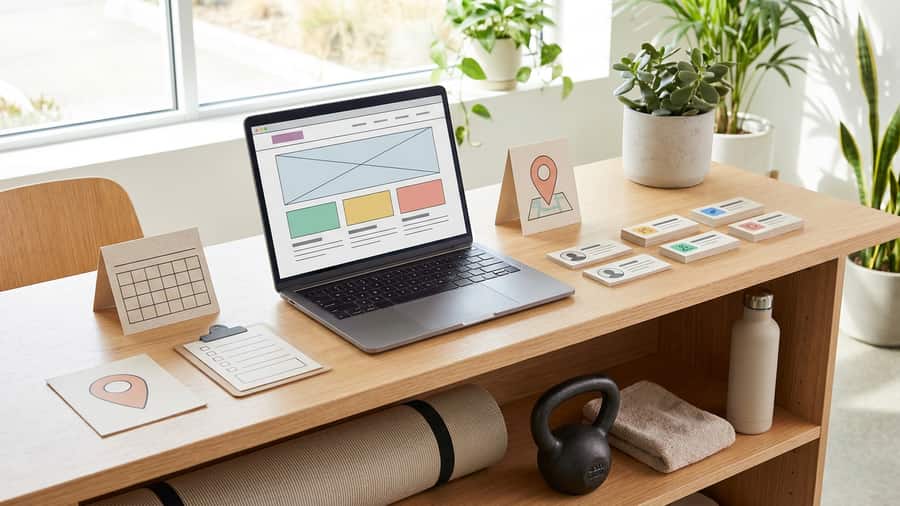 Fitness studio website planning desk with class schedule cards, intro offer form, local SEO notes, and CMS update blocks.