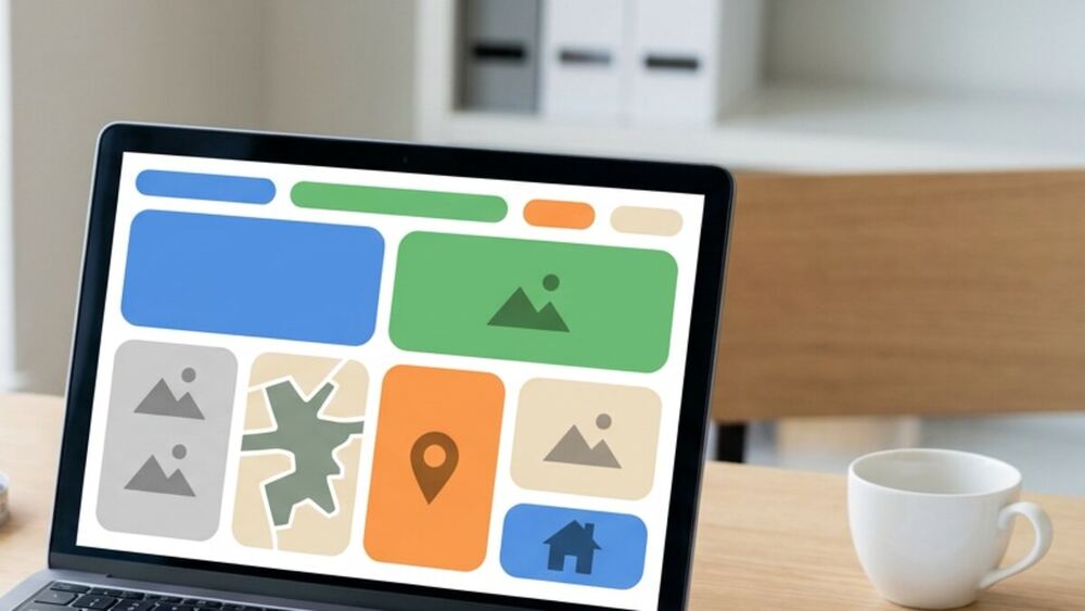 Real estate agent website planning desk with property listing cards, neighborhood pages, lead forms, local SEO notes, and CMS updates.