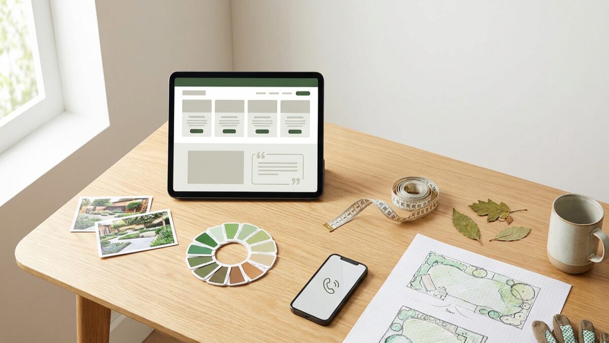 Landscaping business website planning desk with service pages, quote form, local SEO notes, seasonal updates, and managed hosting checklist.