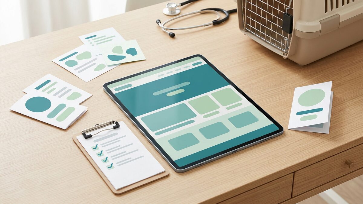Veterinary clinic website planning desk with service pages, appointment requests, local SEO, and CMS update notes.